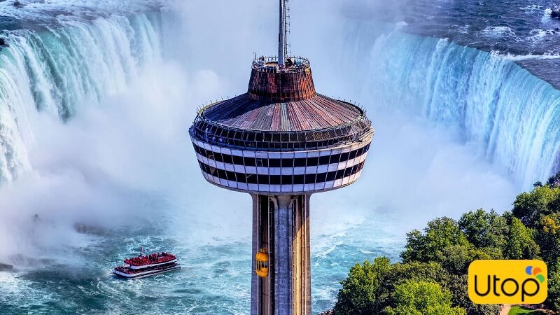 The Skylon Tower đứng sừng sững bên cạnh thác Niagara hùng vĩ